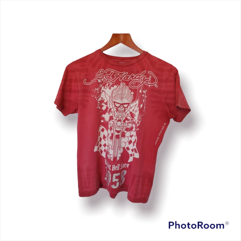 Edy Hardy  by Christian Audigier red t-shirt size S Raising hell since 1958